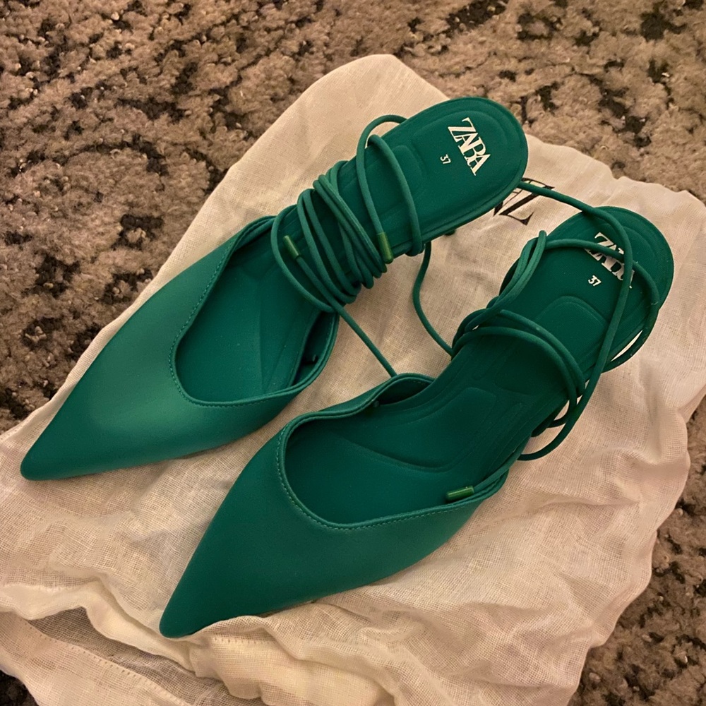 ZARA Lace Up Fabric Green Heels NEW 6.5